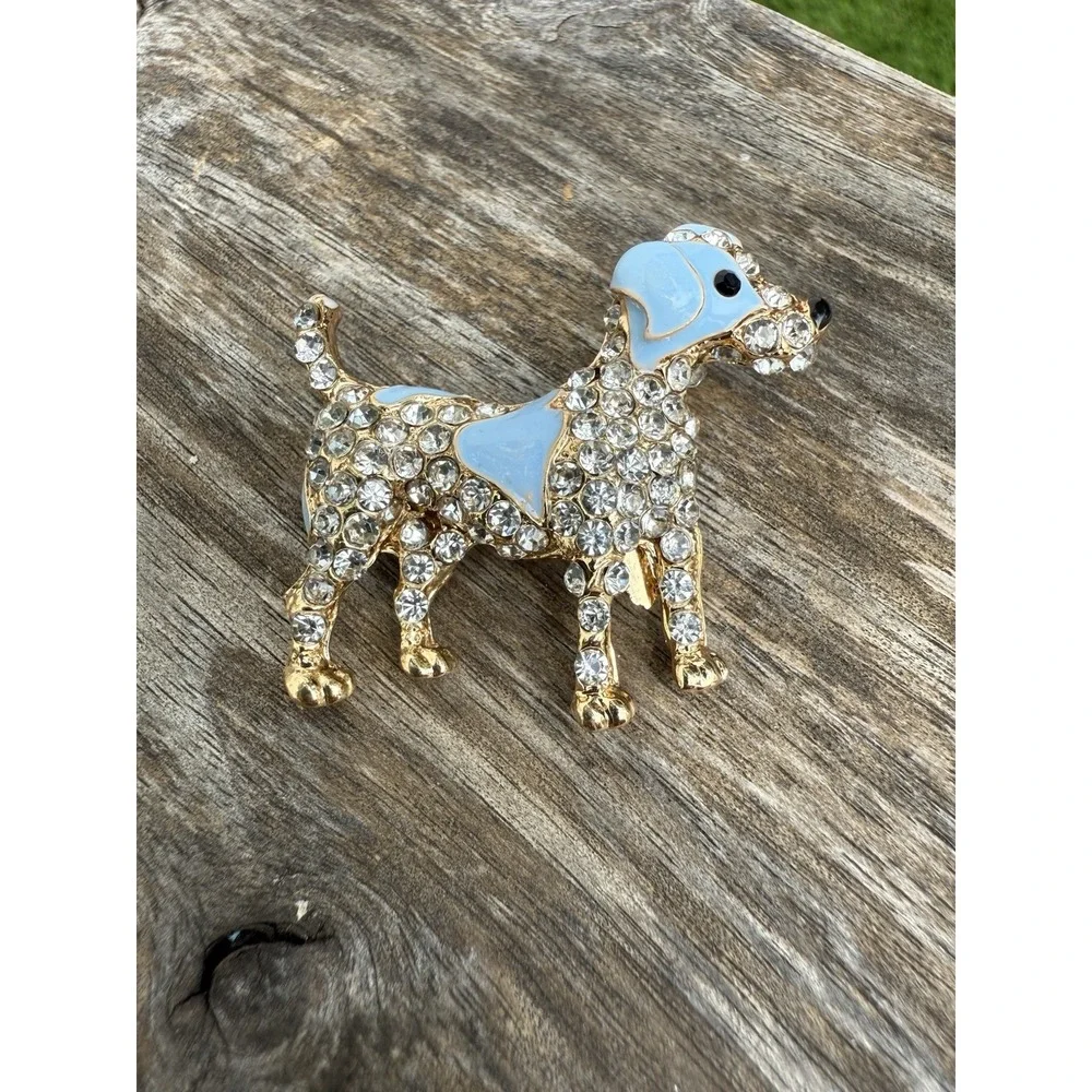 Cute Dog Pup Animal Brooch Pin Black & Blue Enamel Crystal Goldtone Dalmatian‎